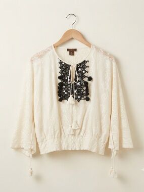 Anthropologie Ivory Lace Peasant Blouse with Black Embroidered Bib